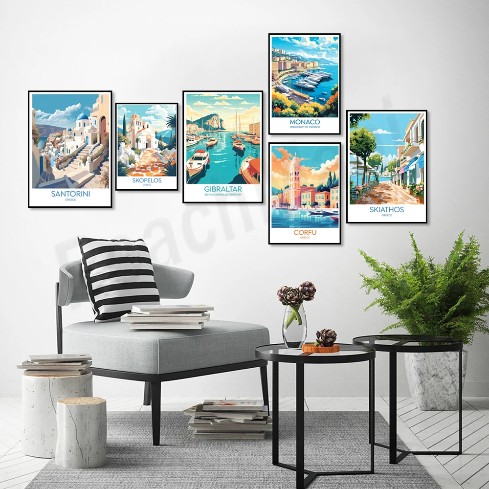 السفر مشهد ملصق طباعة للديكور المنزل ، سكياثوس ، إنغا ، كورفو ، موناكو ، فقاعات #4