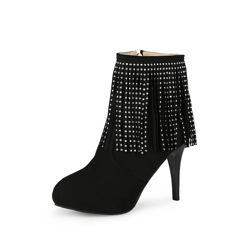 

BLXQPYT Ботильоны женские на высоком каблуке с круглым носком, осень-зима, женские ботинки на платформе с боковой молнией и бахромой, большие размеры 50 T2-8