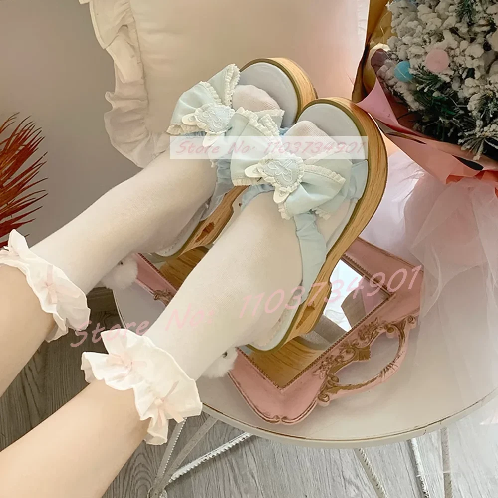Bowknot Lolita Sweet Heart Slippers Women Lovely Casual Thick Soled Outside Comfy Mid Heels Shoes Trendy EVA Wood Pattern Mules