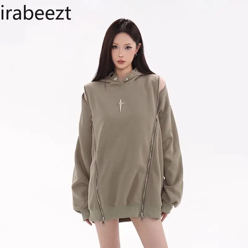 American Fashion Retro Oversize Coat Slouchy Design with Zipper National Trend College Style Hoodie Loose Fit Sweatshirt