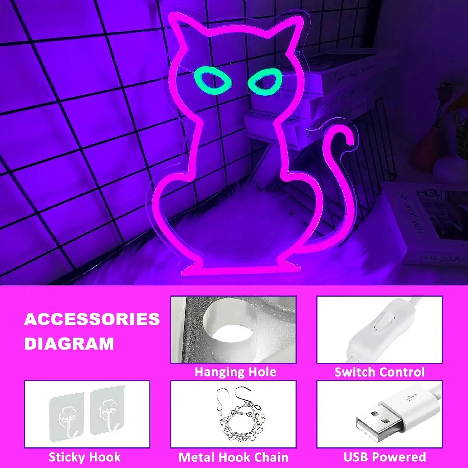 Cat Neon Signs for Wall Decor, Halloween Purple Cat LED Neon Light for Bar, Christmas, Wedding, Birthday Party, Halloween Decor