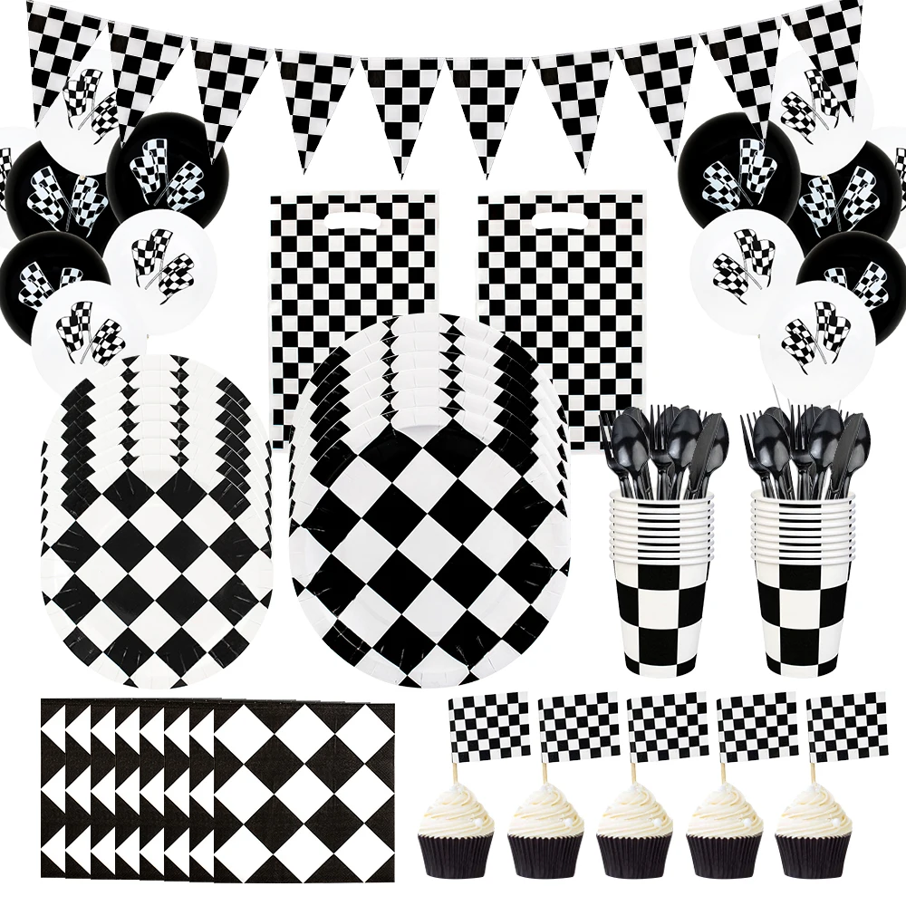 Black White Racing Car Theme Party Supplies Disposable Tableware Set Paper Plate Cups Boys Birthday Baby Shower Decorations