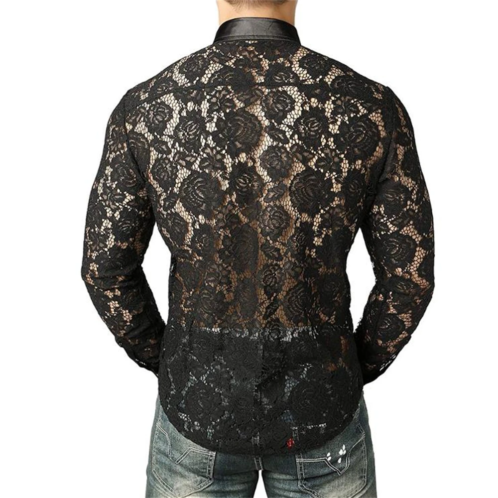 Full Lace Fashion Nightclub Stage Wear Men's Long Sleeve Lapel Shirt Men's Shirt Perspective Tops