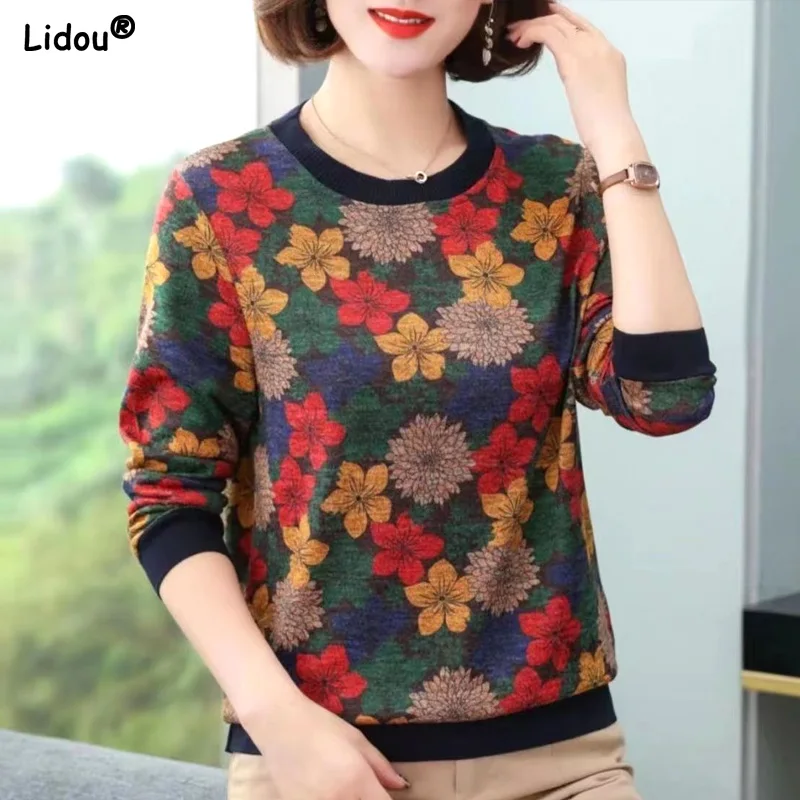 

Round Neck Tops Printing Patchwork Vintage Casual T-Shirts Pullovers Bottoming Thin Autumn Winter 2023 Women's Clothing Fashion