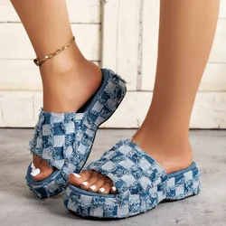 Denim Women Slippers Summer 2025 Platform Open Toe Women Sandals Fashion Desig Jeans Canvas Slippers Beach Sandalias De Mujer