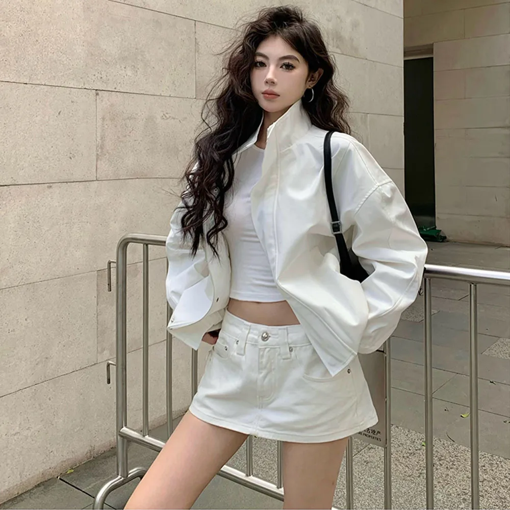 Streetwear White Jacket Women Y2K Long Sleeve Khaki Stand Collar Coat Autumn Korean Fashion Zipper Temperament Windbreak Tops