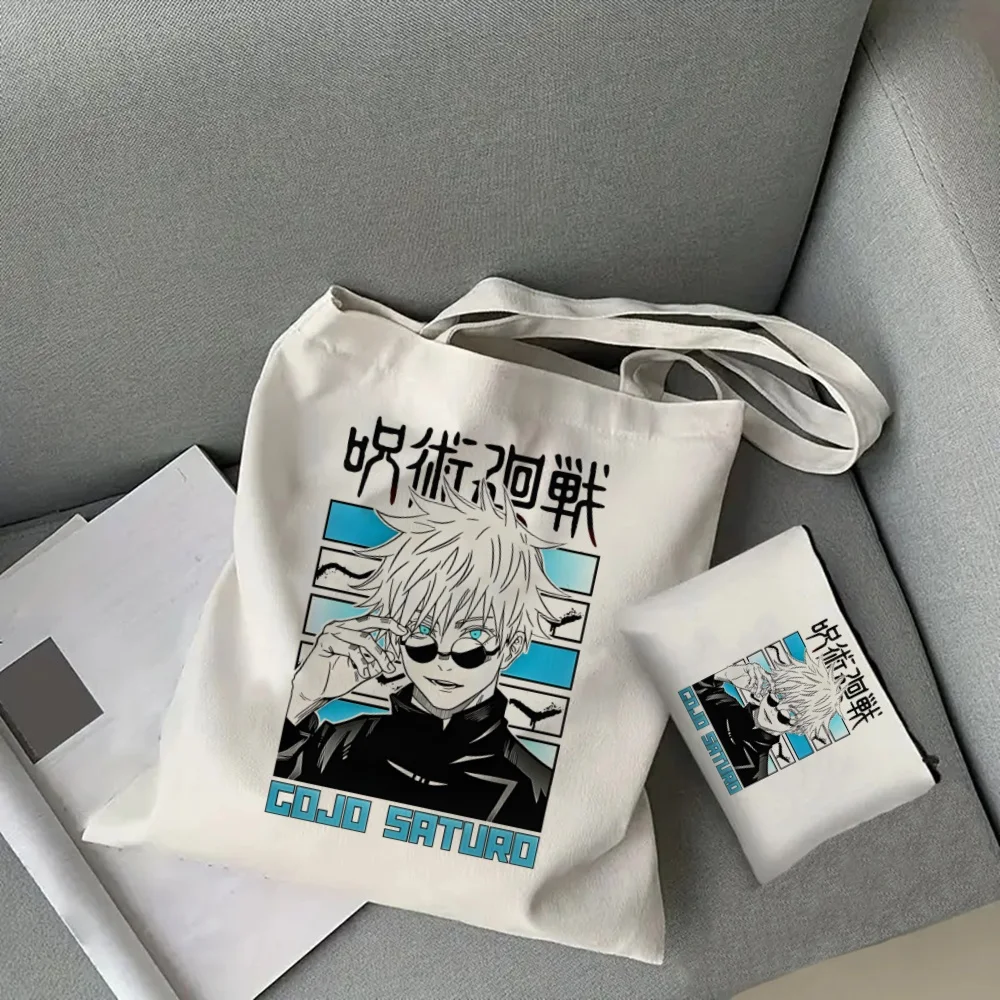 Gojo Satoru Jujutsu Kaisen Otaku 2 Pcs Burlap Tote Bag Set, Large Capacity Shoulder Bag, Reusable Shopping Bag with Coin Purse