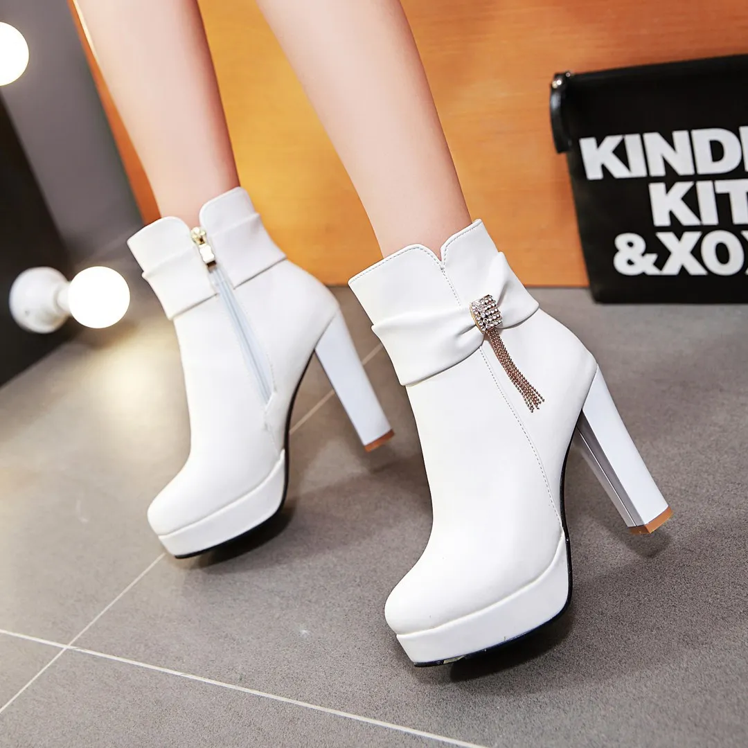 Brand Ankle Boots For Women Platform Fashion High Heel Short Boot Large Size Zipper Autumn Winter Black White Pink Women Shoes