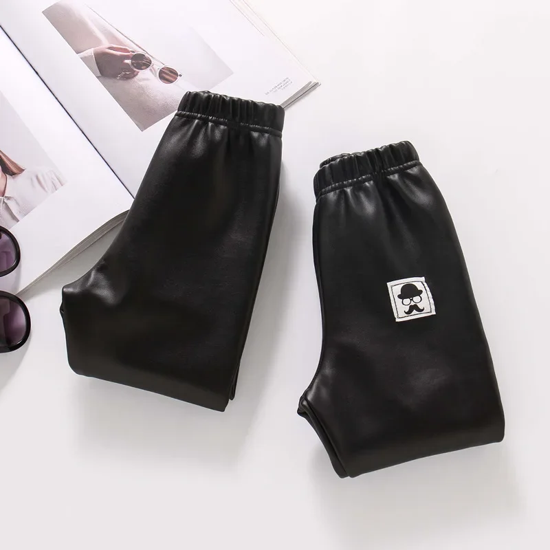 Autumn Winter PU Faux Leather Pants Kid Girls Fleece Fashion Imitation Leather Pants For Boy Children Warm Kids Leather Trousers