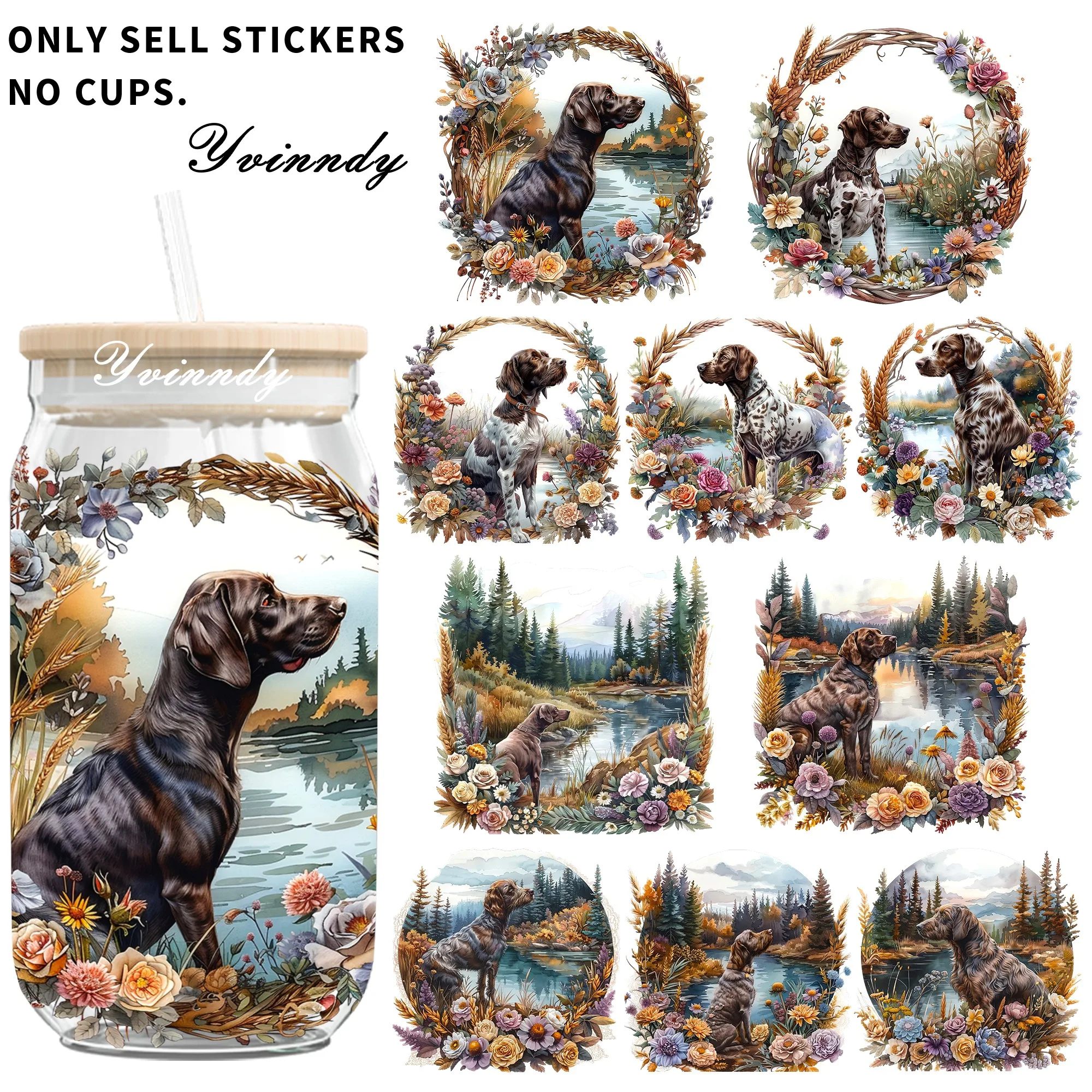 4 Stück/Set Floral Hunting Dog UV DTF wasserfestes Transferpapier für 16 Oz Becher, hochwertiges DIY handgefertigtes dekoratives Papier