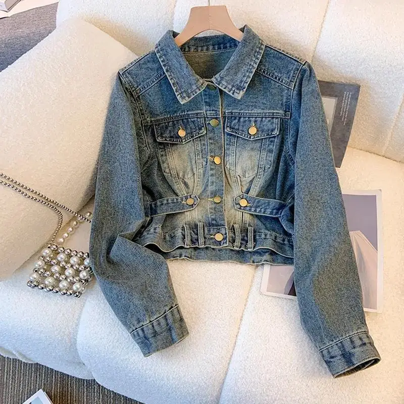 Veste en jean courte à taille 2025, manteau chic taille haute d'inspiration vintage pour femme