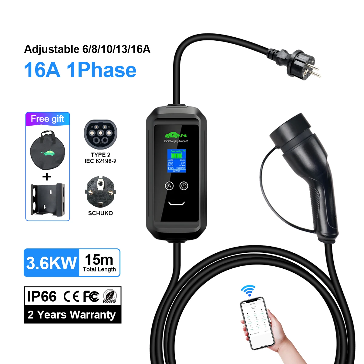 Kolanky Draagbare Ev-oplader 16A 3,6KW Type 2 Smart Tuya-app Wifi-verbinding Timer Opladen Elektrisch voertuig PHE Hybride Totaal 15M