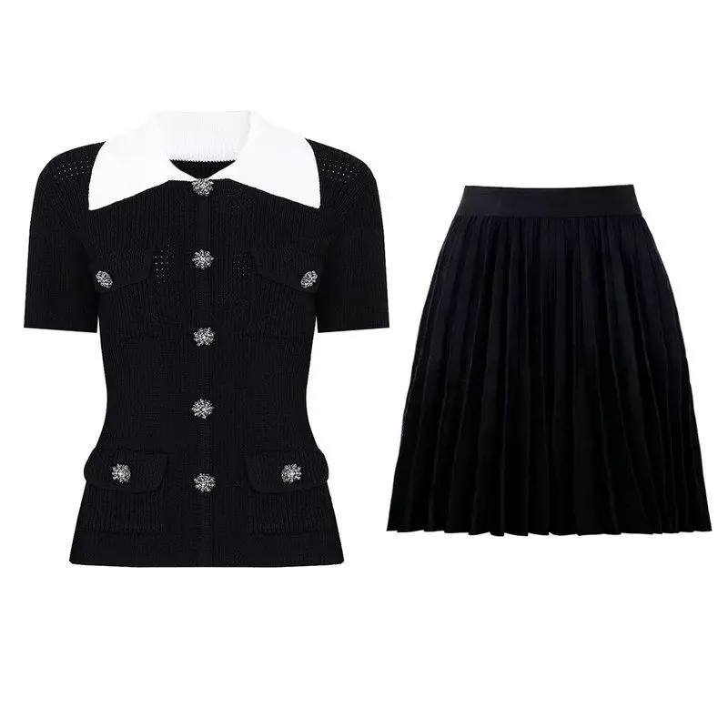 

Fashionable Heavy-Duty Button Knitted Short-Sleeve T-Shirt And Half Skirt Set Summer New Arrival Women's High Waist Short Length