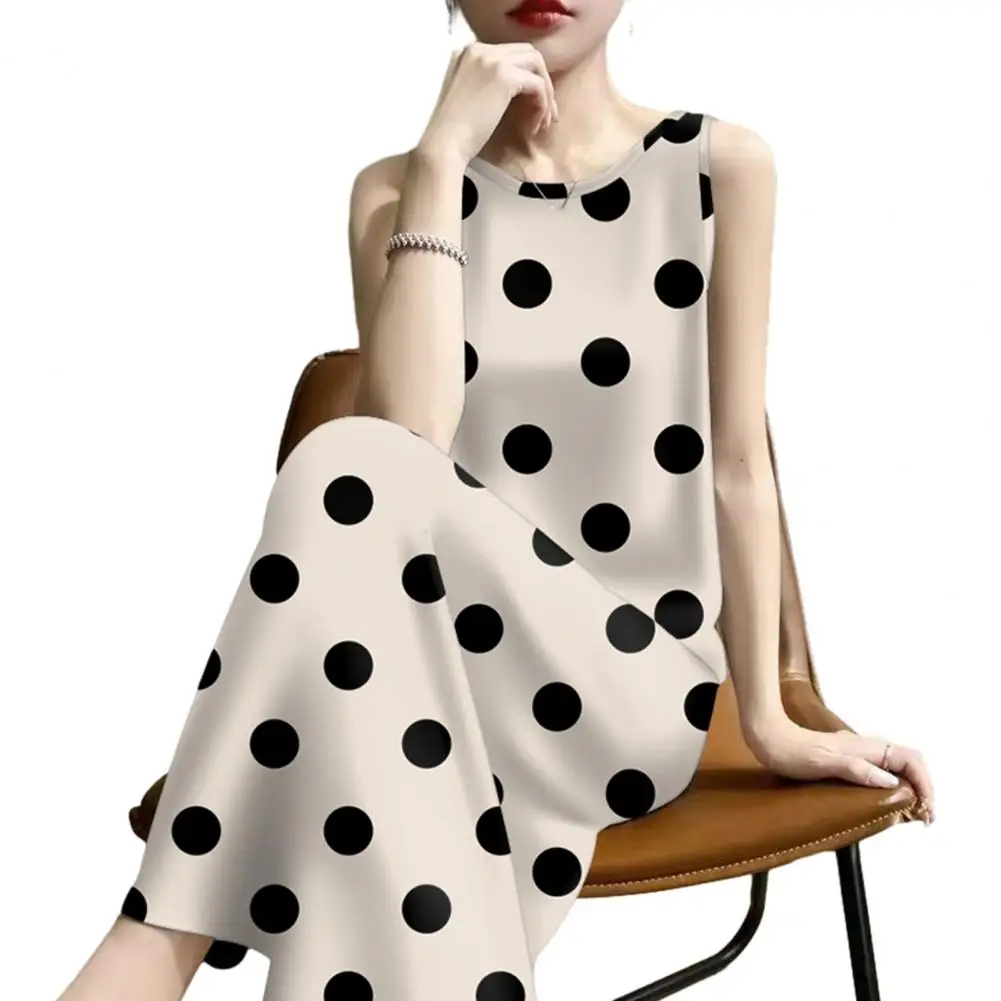 

Mid-length Dress Summer Polka Dot Tank Dress for Women Midi Sundress Beach Vacation Crew Neck Loose Dress Party Casual