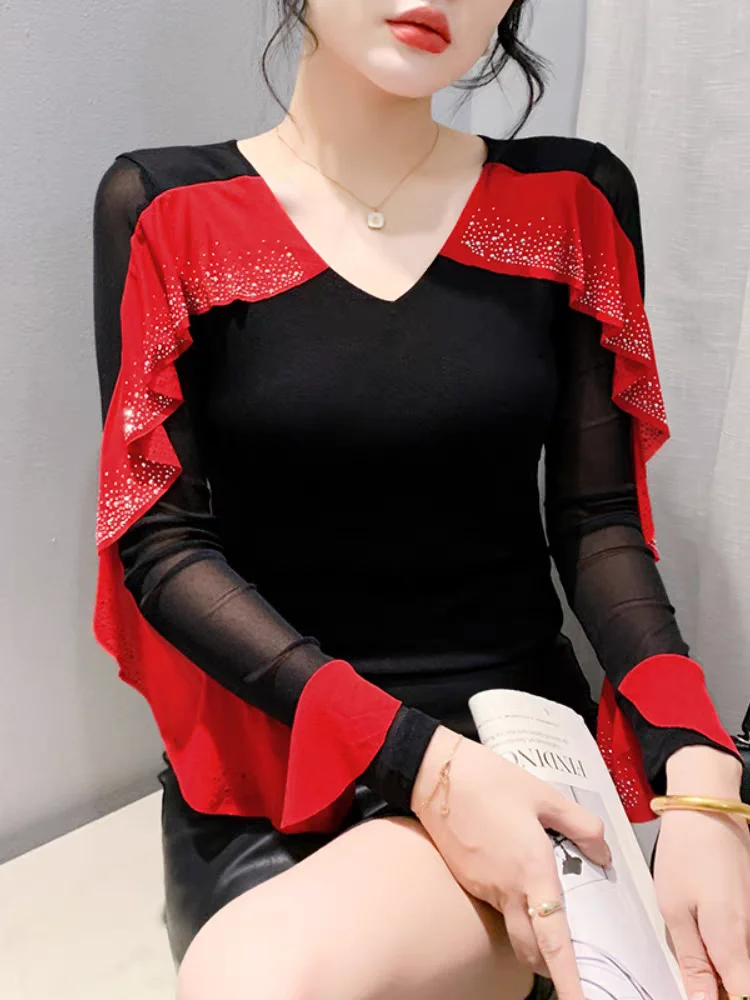 Women's T-Shirt Sliced Ruffles Long Sleeved Diamonds Tees Elegant Girl Slim Mesh Tops 2024 Autumn Winter