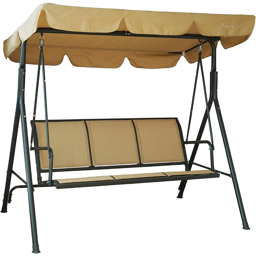 

Outdoor Patio Swing Chair w/Textilene Breathable 3-Person Armrest Seat, Canopy Porch Swing w/Adjustable Shading