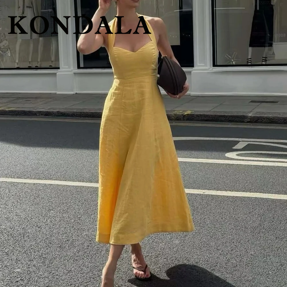 KONDALA Y2K Chic Yellow Streetwear Pleated Woman Dress Elegant Tank Sheath Dress Summer Night Party Fashion 2025 Halter Vestidos