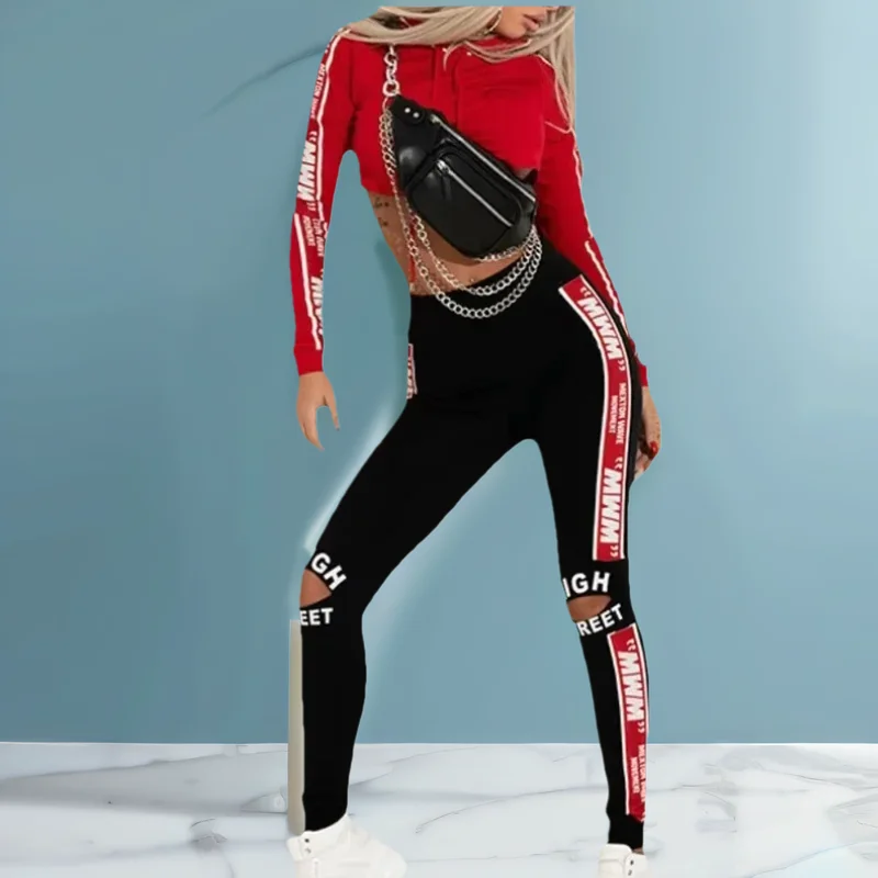 

women's sports suits trouser sets Letter Printed Crop Hoodies And Holes Sport Pants Suits yoga clothes 2 pieces set tracksuit