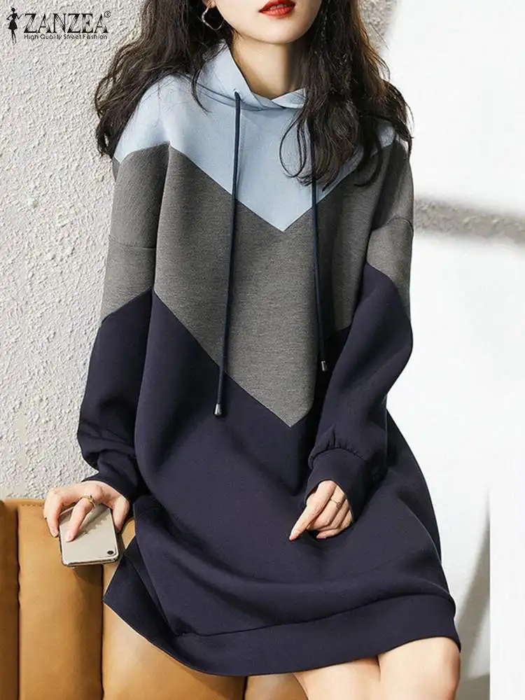 ZANZEA Mode Frauen Hoodies Langarm Sommerkleid Casual Patchwork Knie-länge Vestido Lose Pullover Herbst Sweatshirt Kleid