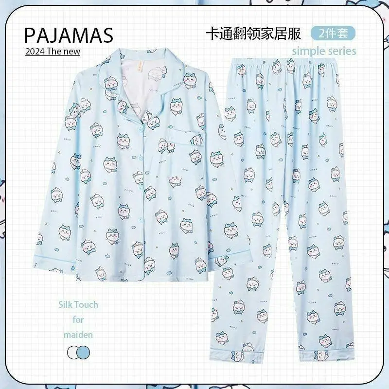 Cartoon Chiikawa Pajamas Women Spring Autumn Long Sleeves Trousers Loungewear Girls Students Kawaii Usagi Hachiware Sleepwear