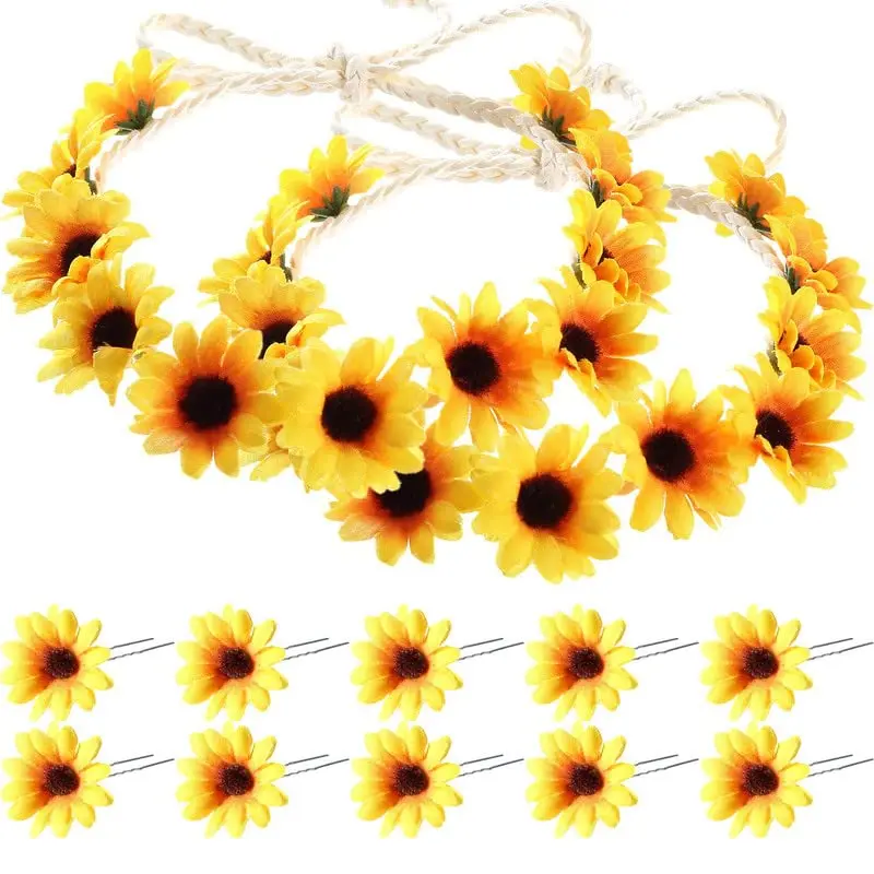 

12 Pcs Sunflower Hair Accessories with Crown Headband for Wedding Hippie Daisy Clips