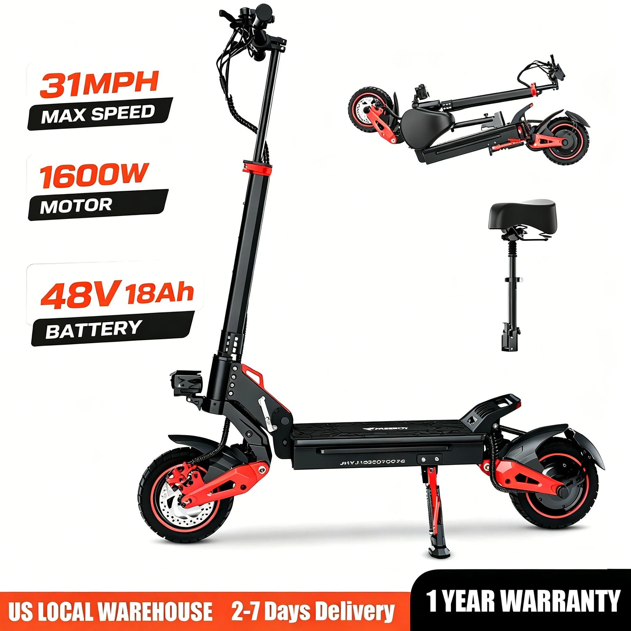 

FREEBOY 1600W Electric Scooter with Removable Seat, 31mph, 30miles Range, 10'' Off-road Tires, Foldable Commuter E-scooter