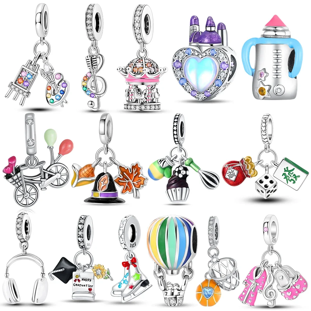 925 Sterling Silver Colorful Music Charms Beads Fit Original Bracelets Bag Keychain Charms Beads Pendant Diy Women Jewelry Gift