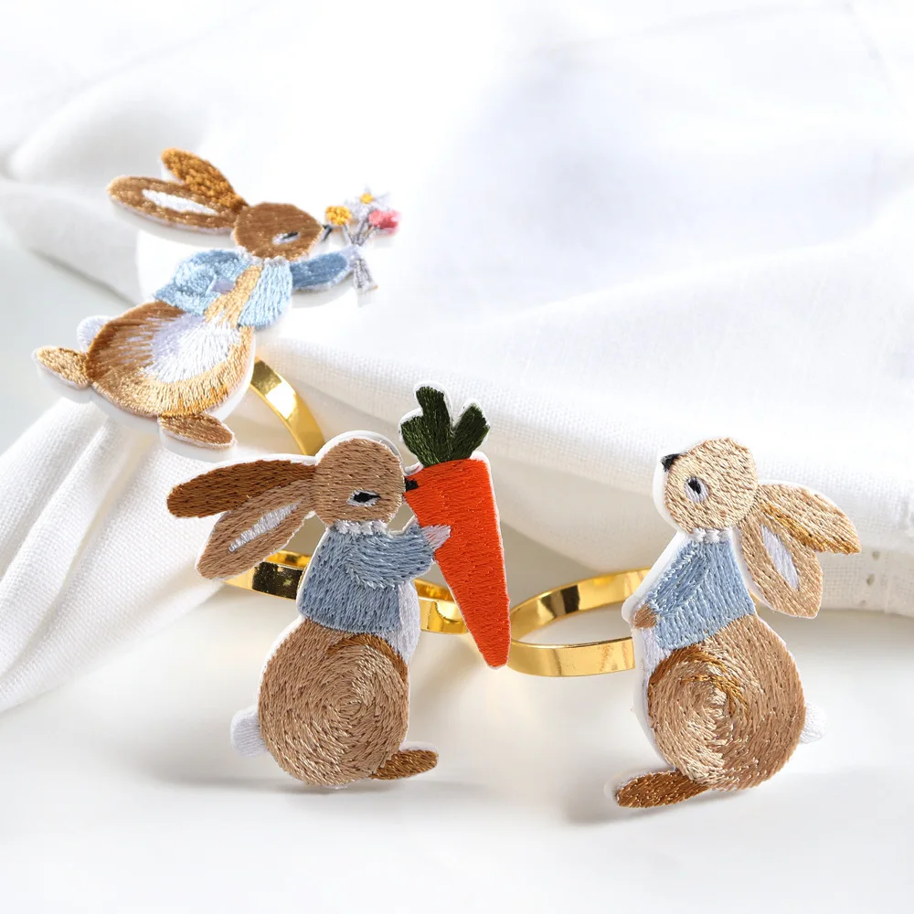 Easter Color Embroidery Rabbit Napkin Ring Bunny Easter Napkin Carrot Rabbit Ring Napkin Buckle Spring Flower Happy Easter Day