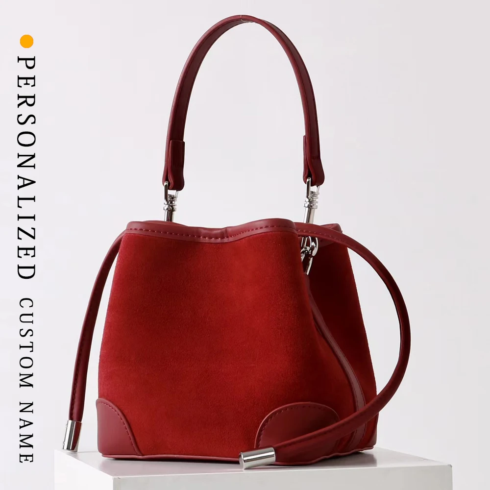 

New mini retro fashionable matte cowhide drawstring bucket bag high-end versatile shoulder bag free gold stamping letter service