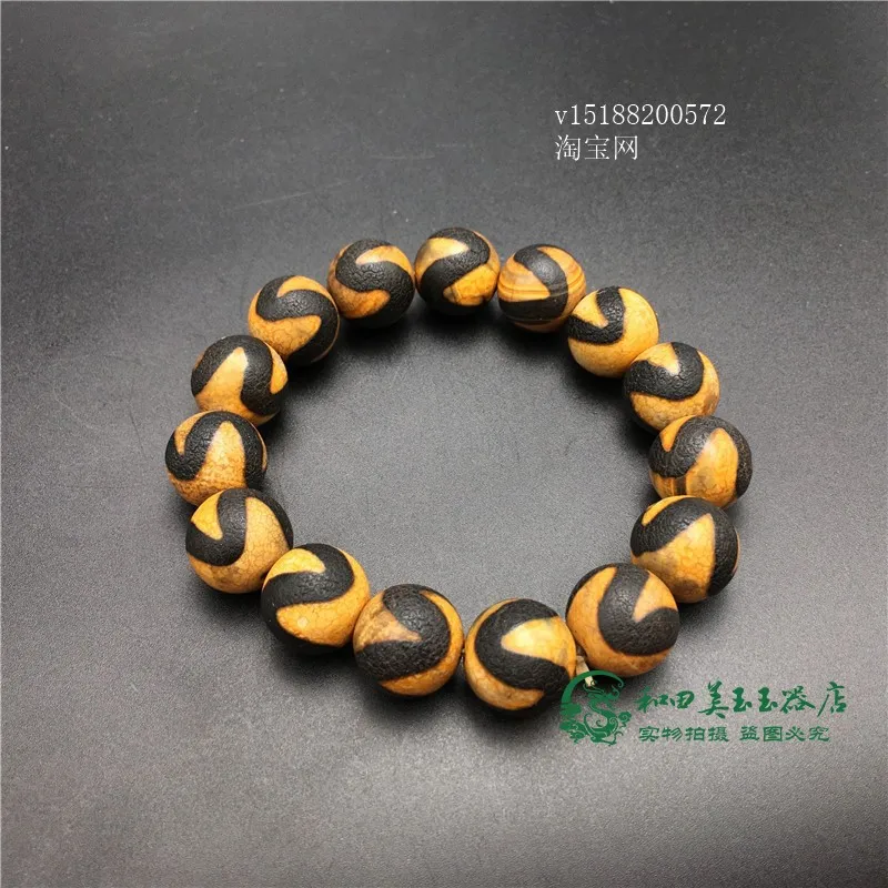 Tibetan Agate Chalcedony Tiger Tooth Bracelet round Beads Rosary Yellow Tooth Single Ring