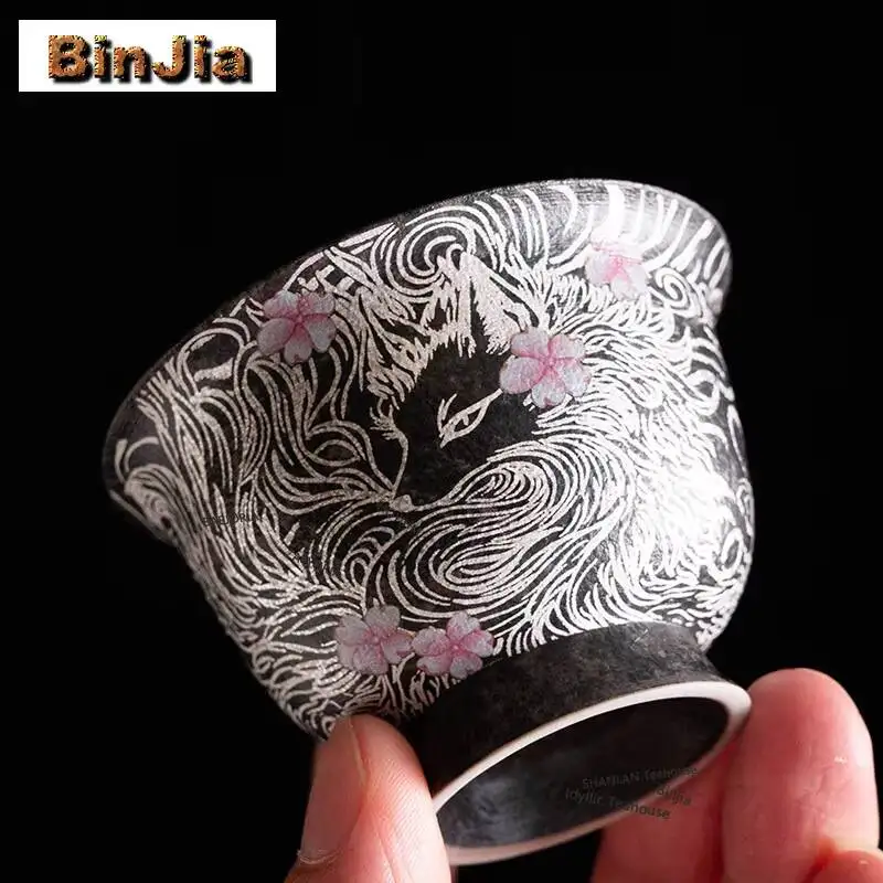 Gilt Silver Nine-tailed Fox Teacup Boutique Tea Bowl Cute Cup Tea-tasting Fragrance Cup Jianzhan Master Cups Teaset Ornaments