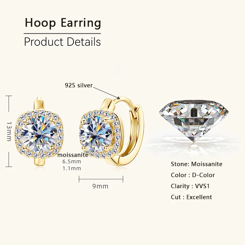 Lnngy 6.5mm Moissanite Earring With GRA Certificate 100% Real 925 Sterling Silver Hoop Earrings For Women Sparkling Jewelry Gift