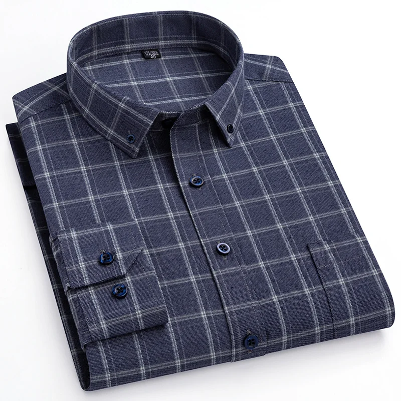 S~7Xl Large Size Men\'s Classic Brushed Plaid Long-Sleeved Shirt High-Quality Pure Cotton Casual All-Match Shirt Men\'s Clothing