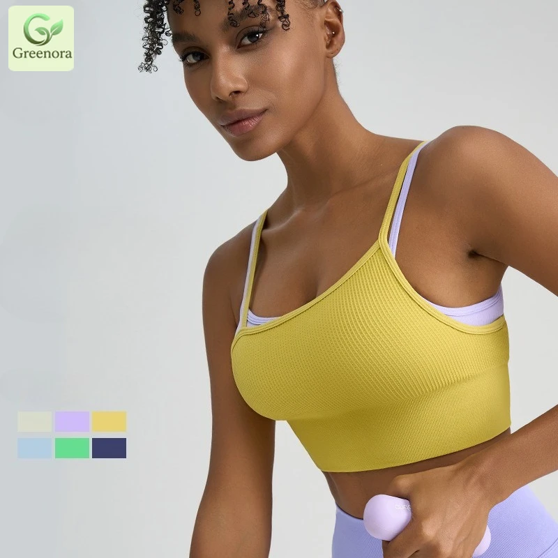 Greenora 2-in-1 Ribbed Sports Bra Women Seamless Yoga Crop Top Double Straps Gym Fitness Workout Tank Top Push Up Activewear