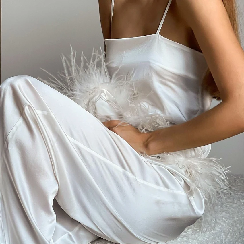 Satin Pajamas With Feathers Sleepwear Women Sets With Pants Black Spaghetti Strap Home Suit White Trouser Suits 2022