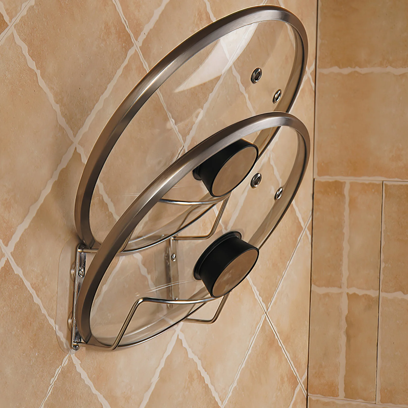 

2-Layer Wall Mount Pot Lid Rack Stainless Steel Kitchen Organizer Drying Storage Punch-Free Design Pan Lid Holder For Cabinet