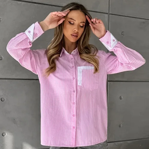 

Casual Striped irt for Women New Sle Turn-down Collar Color Blo Autumn Winter Faion Cross-border Long Sve Top