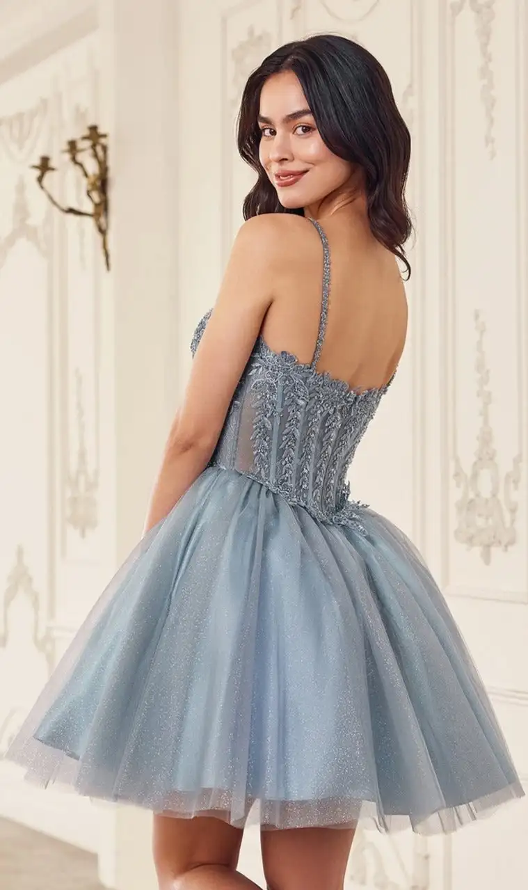 A-Line Spaghetti Strap Sweetheart Tulle Short Homecoming Dress with Lace Sleeveless Illusion Cocktail Dress Elegant