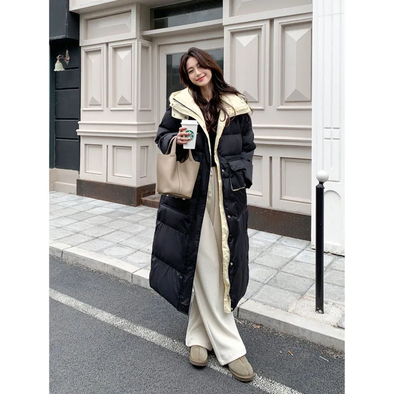 Autumn And Winter Thicken Stand Collar Contrast Color Splicing Warm Loose Casual New Coat Hooded Cotton-Padded Woman Long Coat