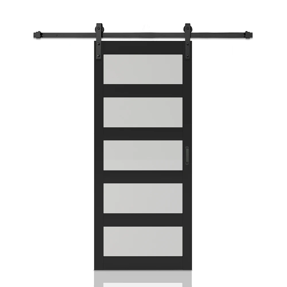 

36 in. x 84 in. 5-Lite Tempered Frosted Glass Black MDF Assembly Required Interior Sliding Barn Door with Hardware Kit