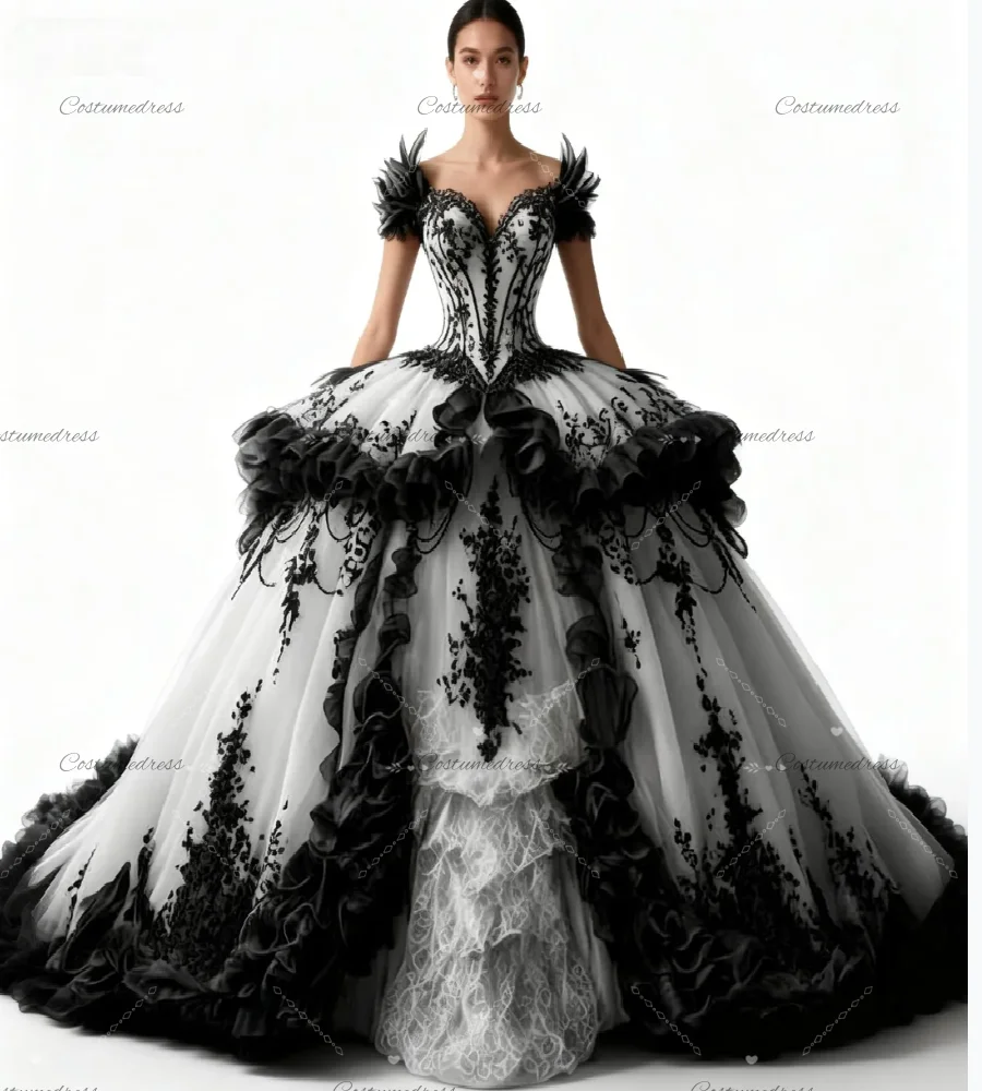 Enchanting Victorian Gothic Wedding Dress Black With White Ball Gown Celestial Elivsh Bridal Dress 2026 Lace Renaissance Bride