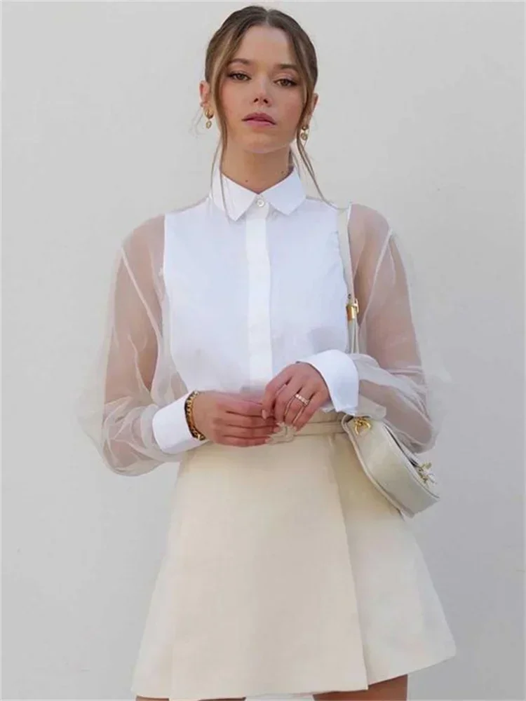 

Весенняя женская модная блузка из сетки с прозрачными вставками, пэчворк, однотонная, с отложным воротником, укороченный топ, повседневная, с длинным рукавом, с завышенной талией