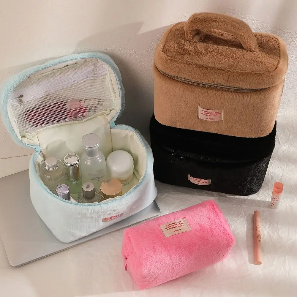 Portable Solid Color Plush Cosmetic Bag Zipper Lager Capacity Toiletries Bag Handbag Korean Style Makeup Bags Student