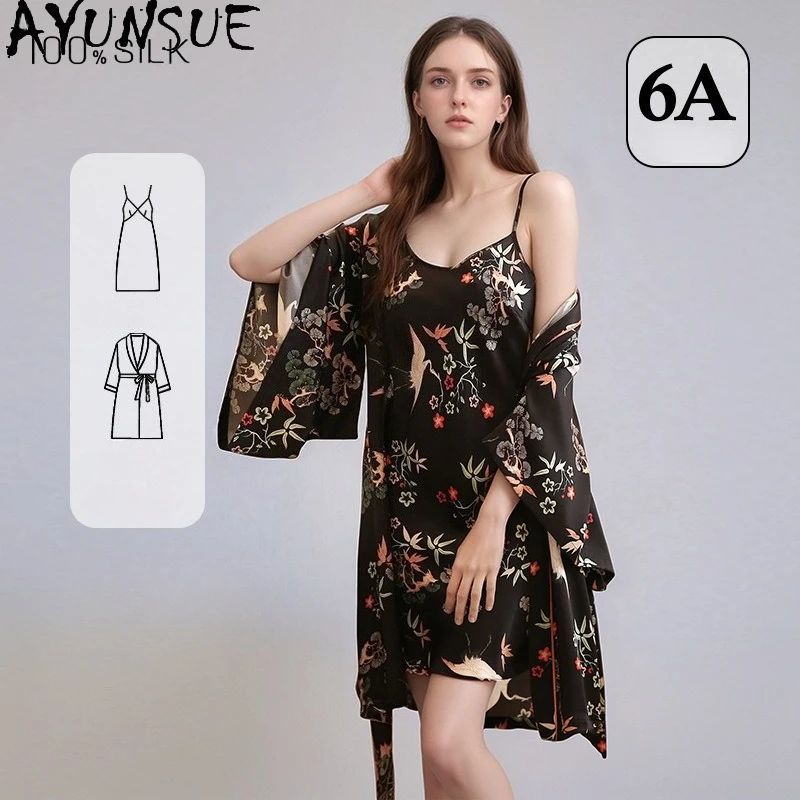 AYUNSUE 100% Mulberry Silk Robes for Women 16MM Silk Night Dress Set 2026 Spring and Summer Sleepwear Bathrobes Халат Женский
