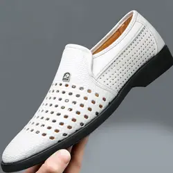 Summer New Style White Mens Dress Shoes Hollow Out Business Mens Summer Dress Sandals Slip on Flat Shoes