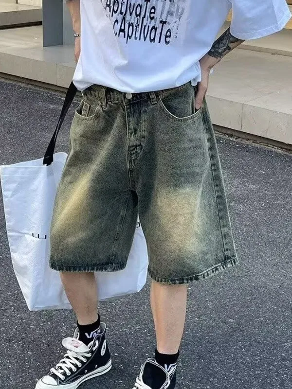 Retro American Waed Denim orts Heren Zomer Dunne losse rechte pijpen Casual vijfkwart trendy jeans midden taille Hoge taille