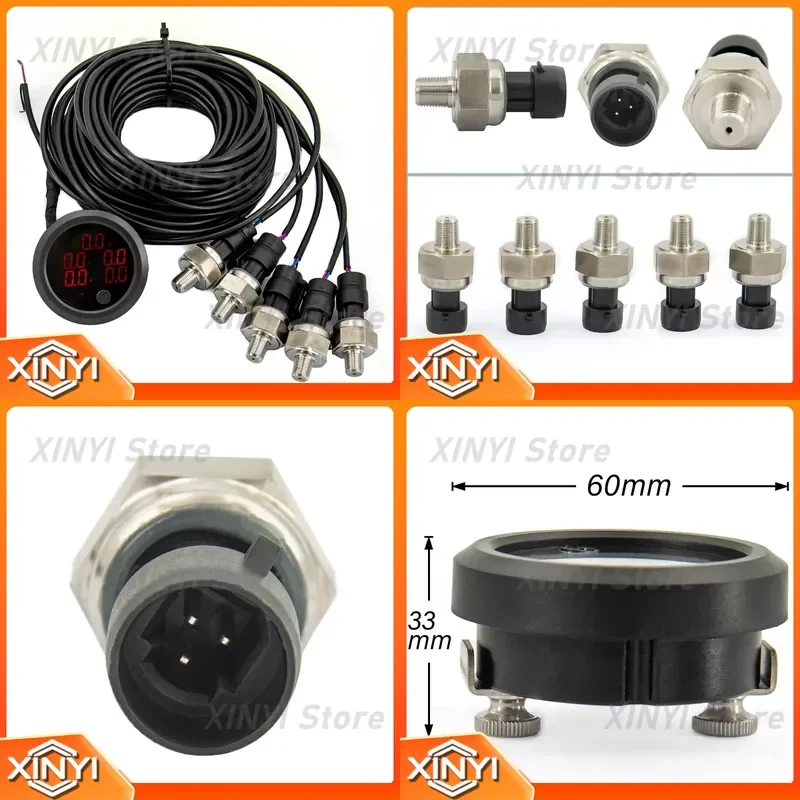 for 52mm Five Display Dual Air Suspension Pressure Gauge Meter Air Ride Gauge with 5pcs 1/8NPT Sensors New for Manufacturing