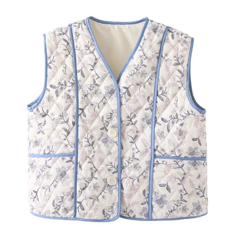 WPNAKS Women Floral Quilted Waistcoat Autumn Winter Clothes Vintage Sleeveless V-Neck Button Front Jacket Vest Tank Tops