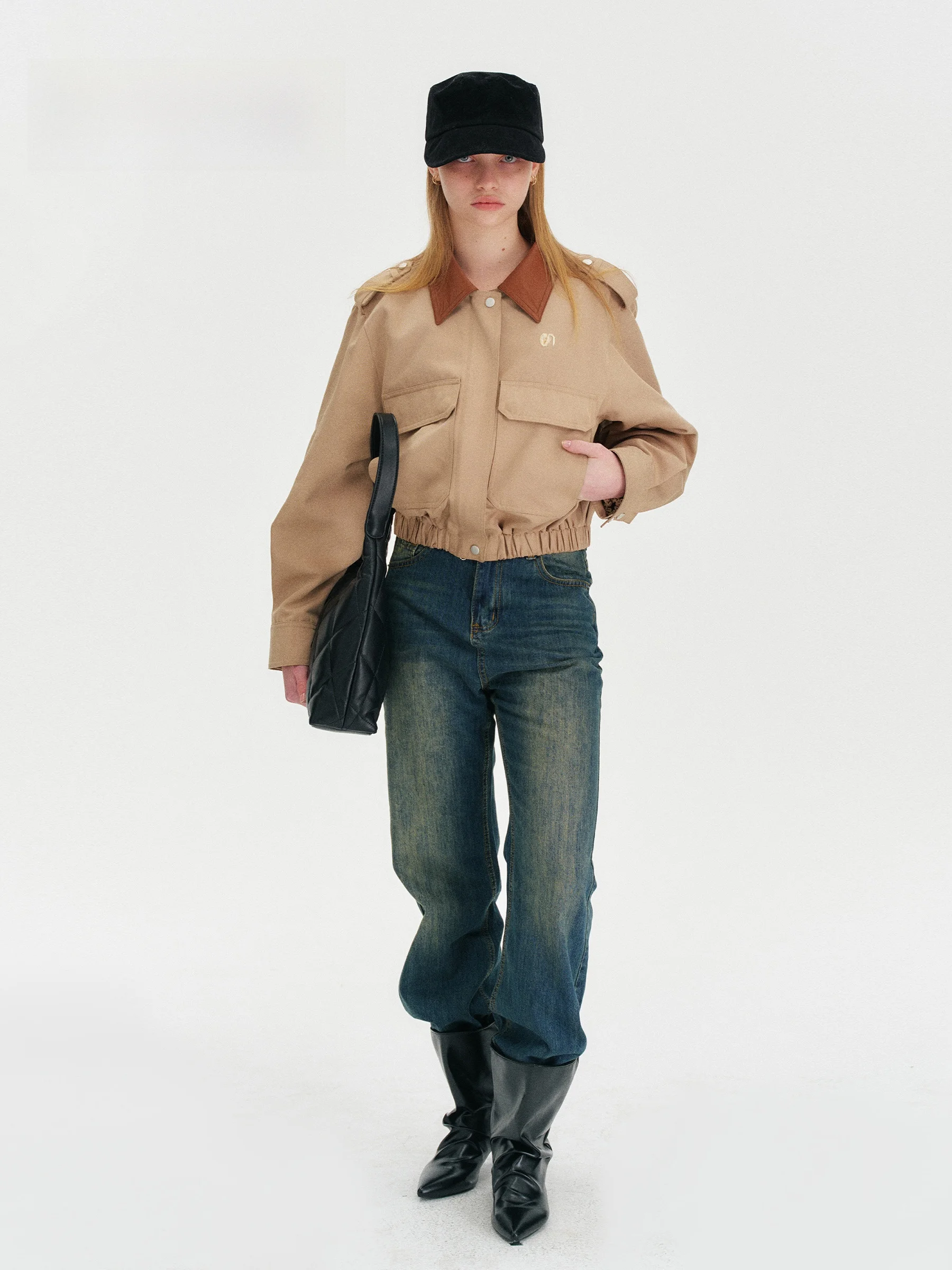 

Amee Retro Pastoral Khaki Leather Short Jacket Slimming Concealing Workwear Coat Stylish Biker Streetwear for Women