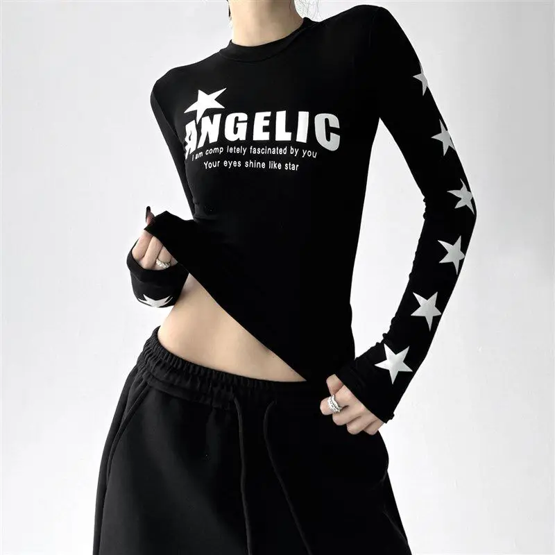 Spring and Autumn Personalized Print Long-sleeved Short Trendy Black Women Riding Motorcycle Personalized Sports T-shirt